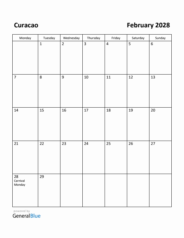 February 2028 Calendar with Curacao Holidays