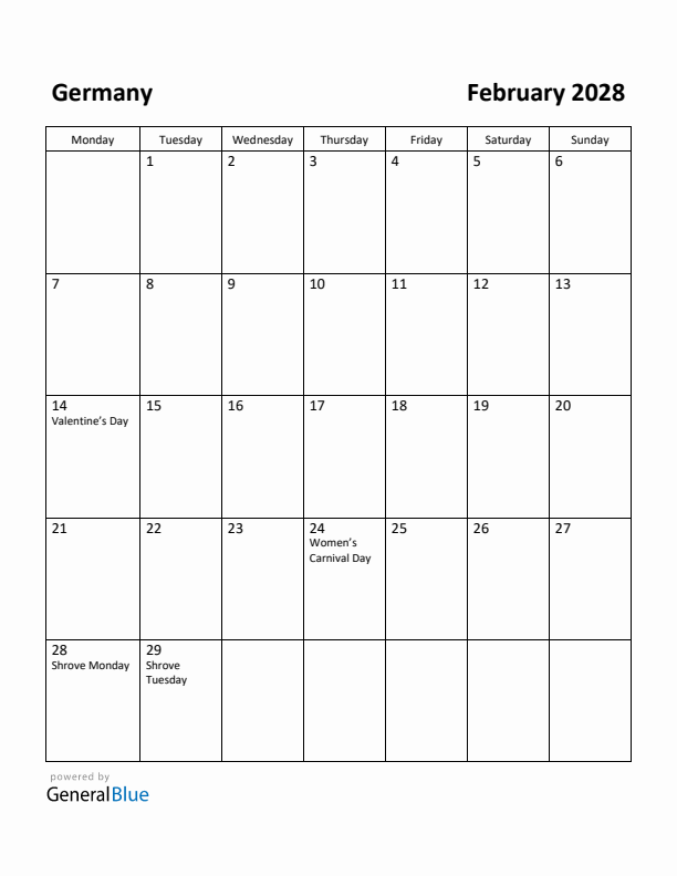 February 2028 Calendar with Germany Holidays
