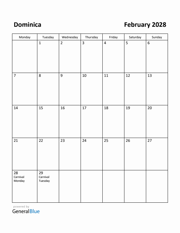 February 2028 Calendar with Dominica Holidays