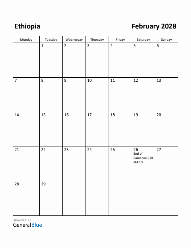 February 2028 Calendar with Ethiopia Holidays