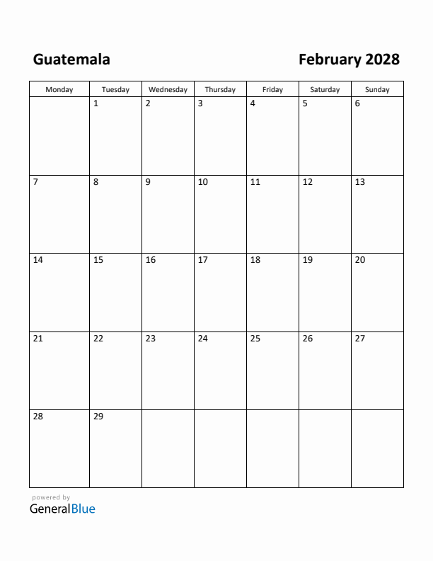 February 2028 Calendar with Guatemala Holidays