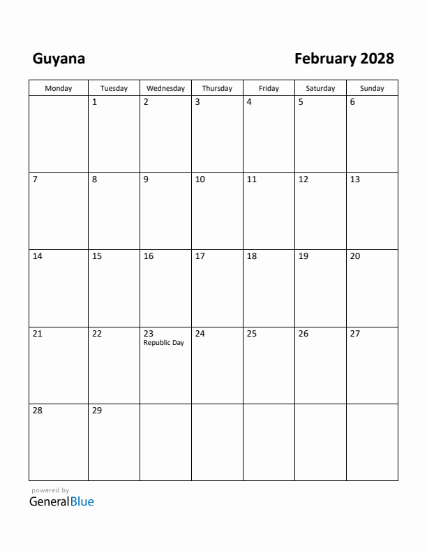 February 2028 Calendar with Guyana Holidays