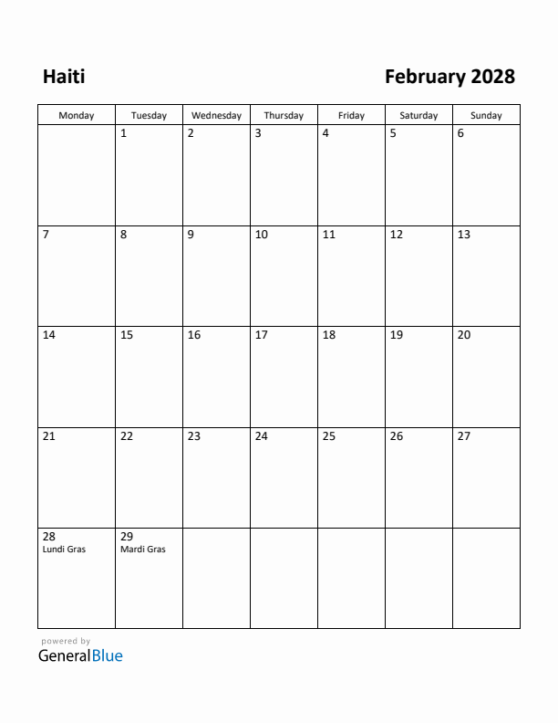 February 2028 Calendar with Haiti Holidays