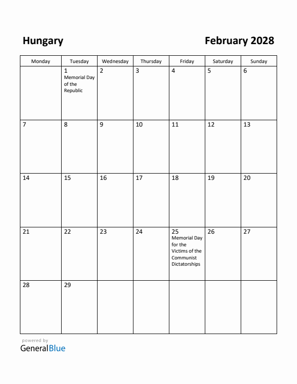 February 2028 Calendar with Hungary Holidays
