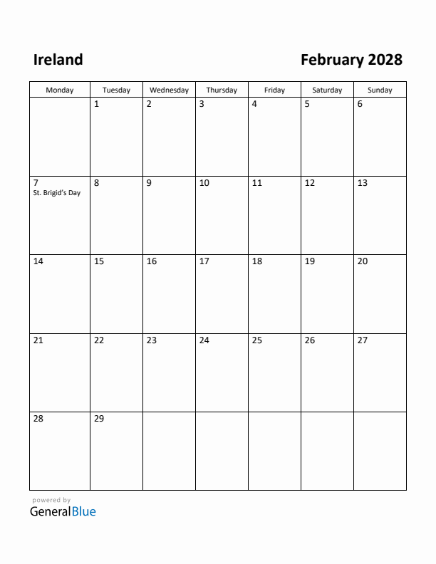 February 2028 Calendar with Ireland Holidays