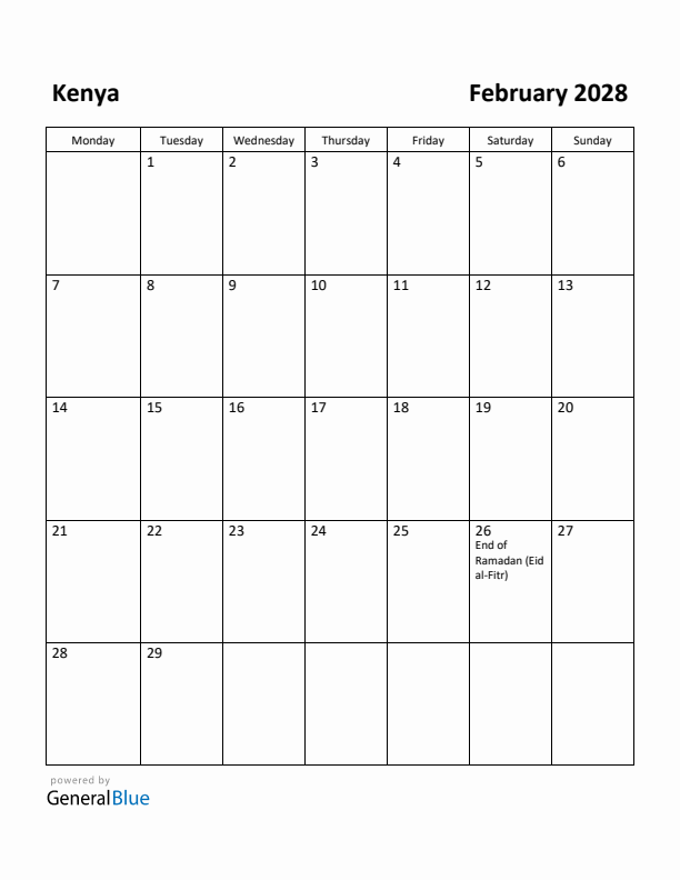 February 2028 Calendar with Kenya Holidays
