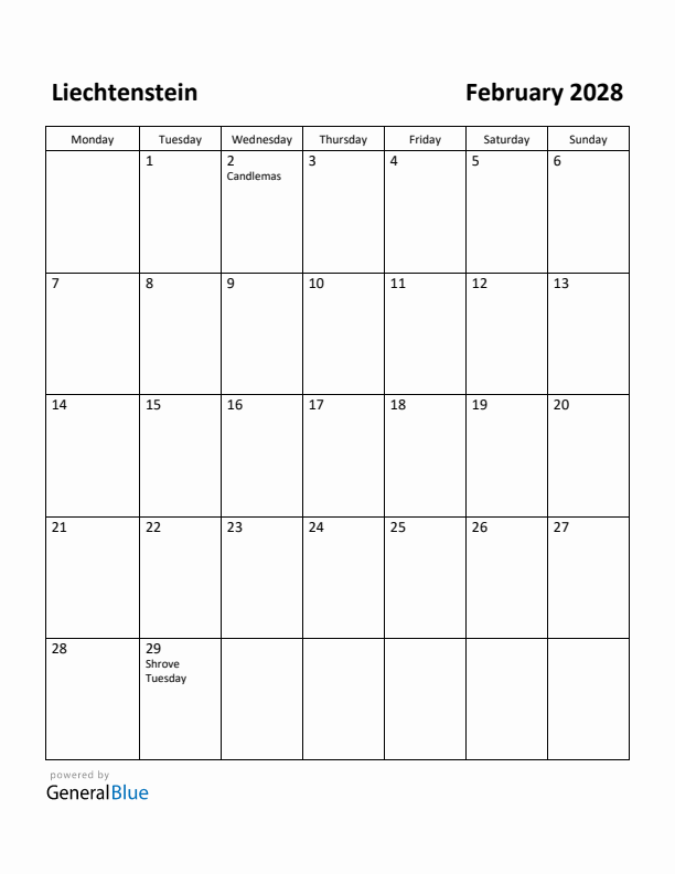 February 2028 Calendar with Liechtenstein Holidays