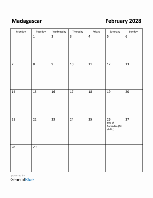 February 2028 Calendar with Madagascar Holidays