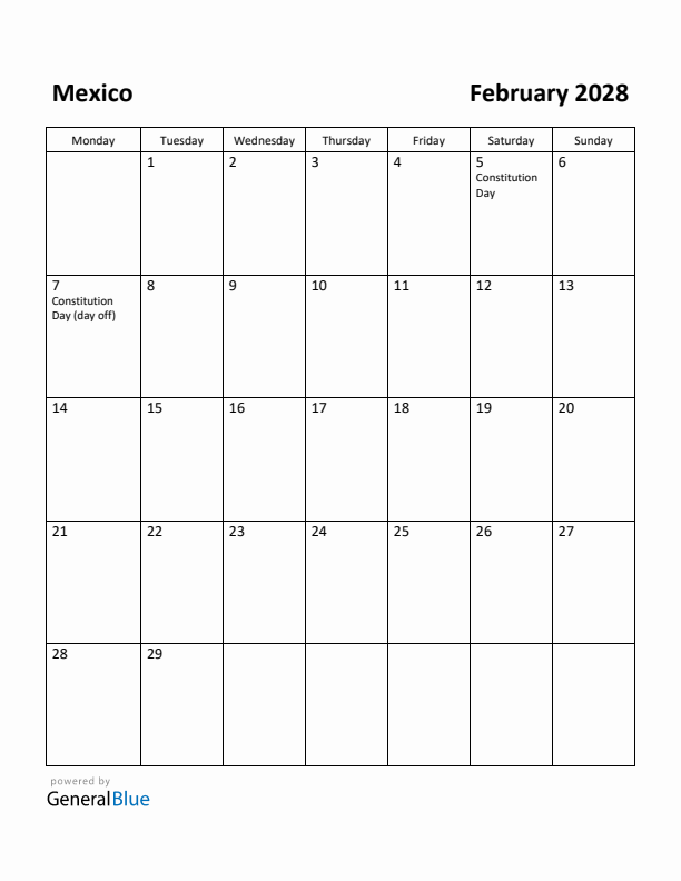 February 2028 Calendar with Mexico Holidays