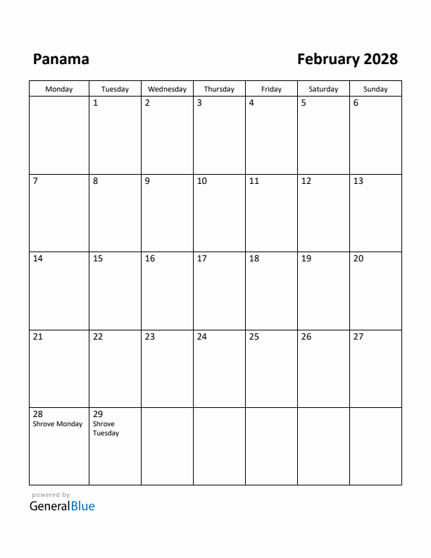 February 2028 Calendar with Panama Holidays
