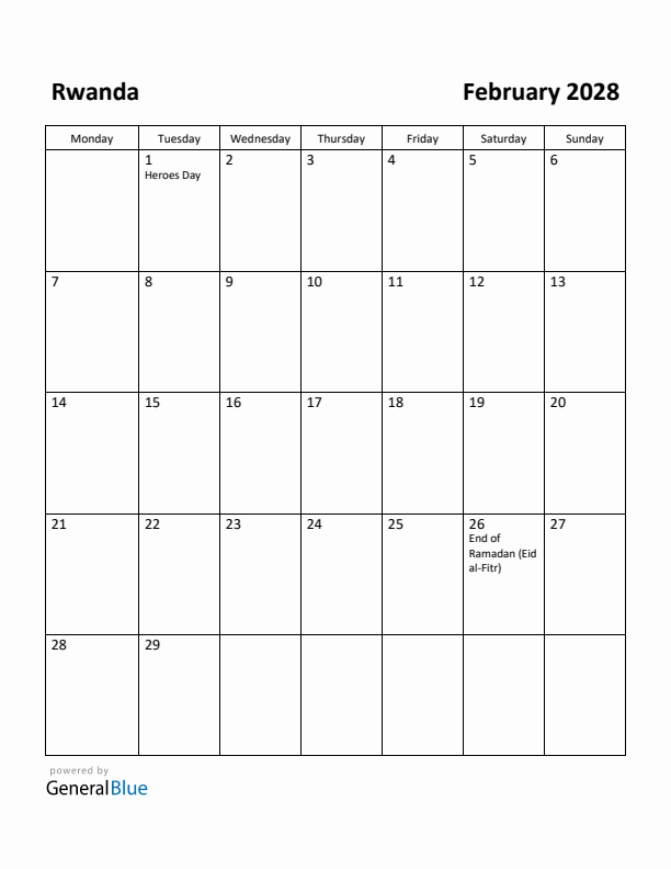 February 2028 Calendar with Rwanda Holidays