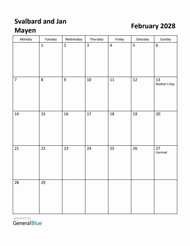 February 2028 Calendar with Svalbard and Jan Mayen Holidays