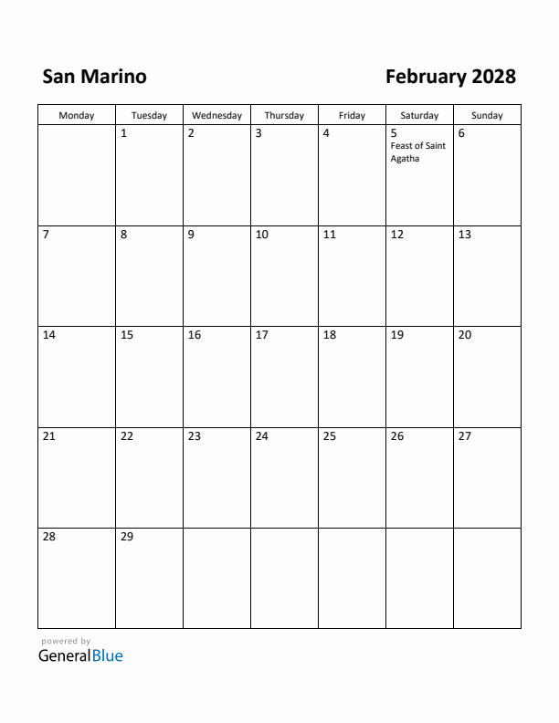 February 2028 Calendar with San Marino Holidays