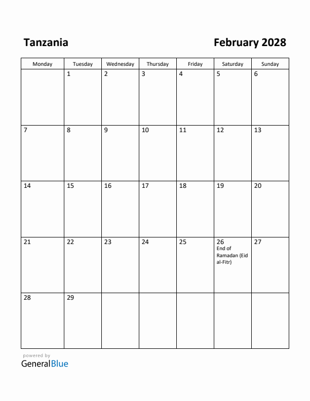 February 2028 Calendar with Tanzania Holidays