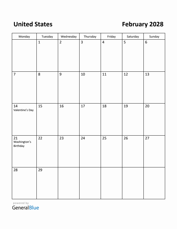 February 2028 Calendar with United States Holidays