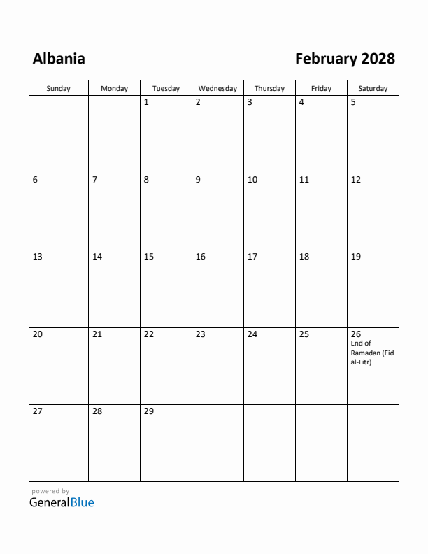 February 2028 Calendar with Albania Holidays