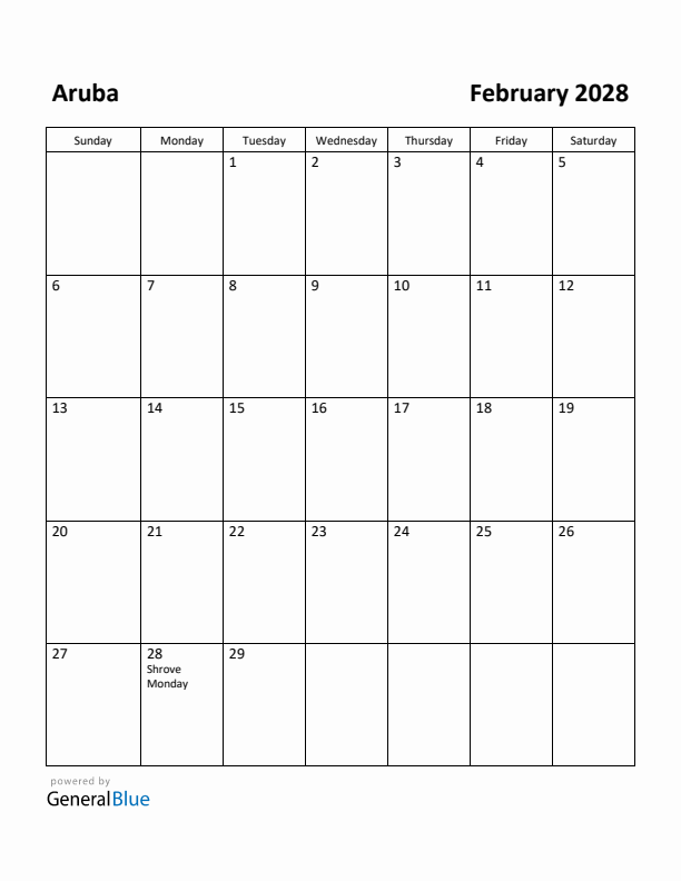February 2028 Calendar with Aruba Holidays