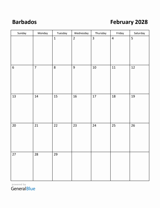 February 2028 Calendar with Barbados Holidays