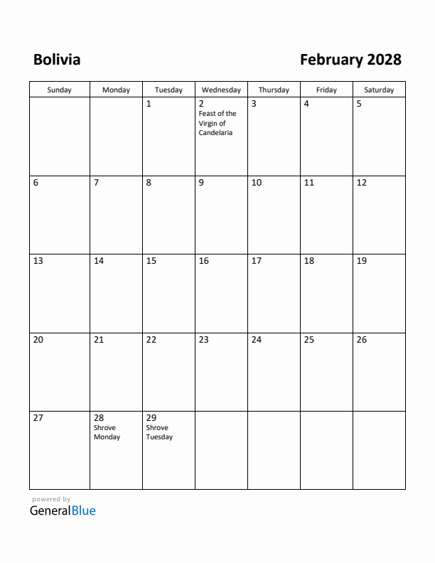February 2028 Calendar with Bolivia Holidays