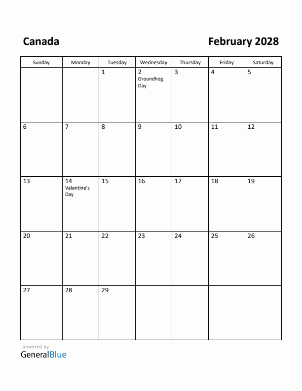 February 2028 Calendar with Canada Holidays