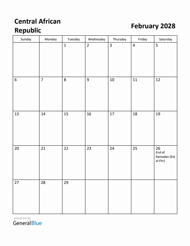 February 2028 Calendar with Central African Republic Holidays