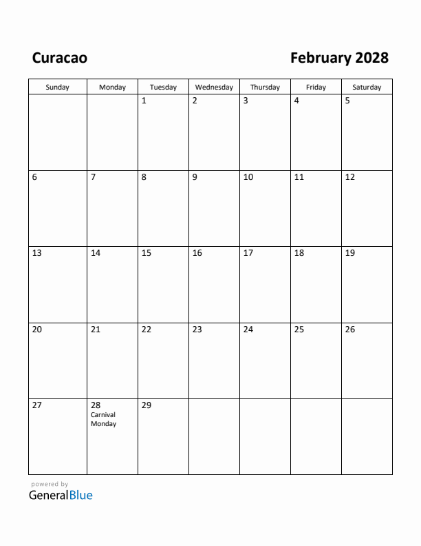 February 2028 Calendar with Curacao Holidays