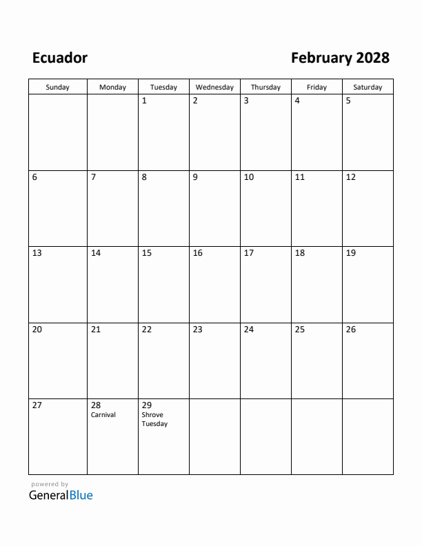 February 2028 Calendar with Ecuador Holidays