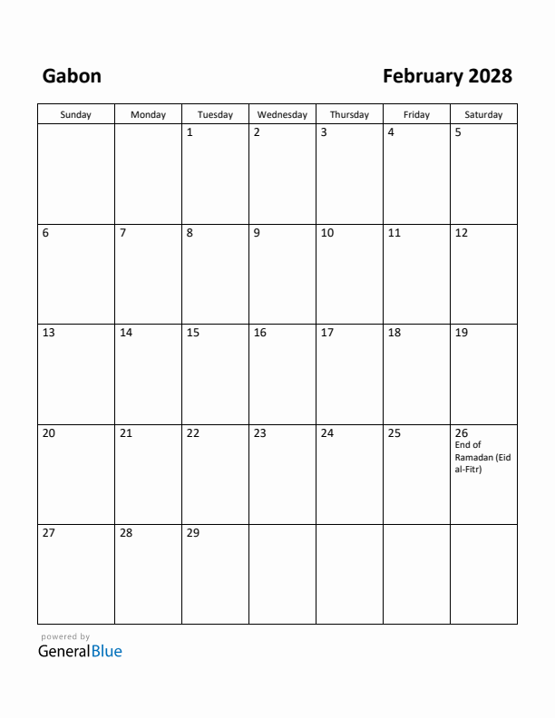February 2028 Calendar with Gabon Holidays