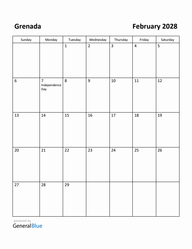February 2028 Calendar with Grenada Holidays