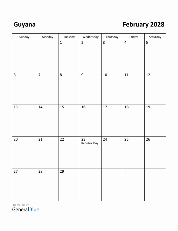 February 2028 Calendar with Guyana Holidays