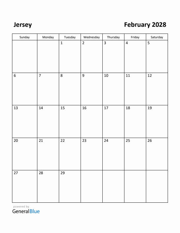 February 2028 Calendar with Jersey Holidays