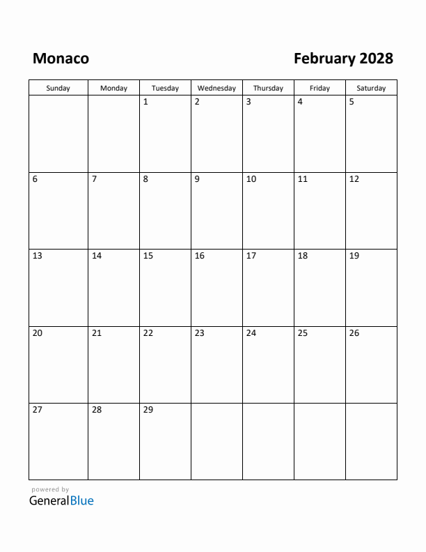 February 2028 Calendar with Monaco Holidays