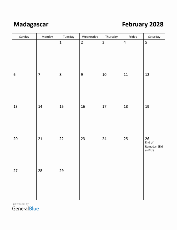 February 2028 Calendar with Madagascar Holidays