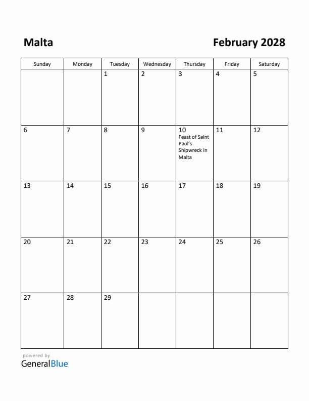 February 2028 Calendar with Malta Holidays