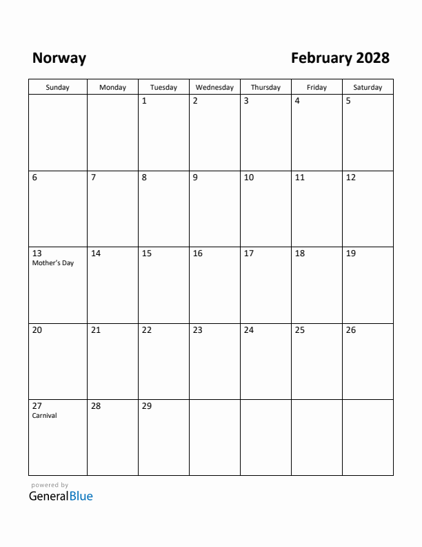 February 2028 Calendar with Norway Holidays