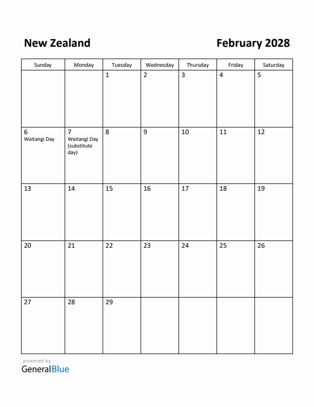 February 2028 Calendar with New Zealand Holidays