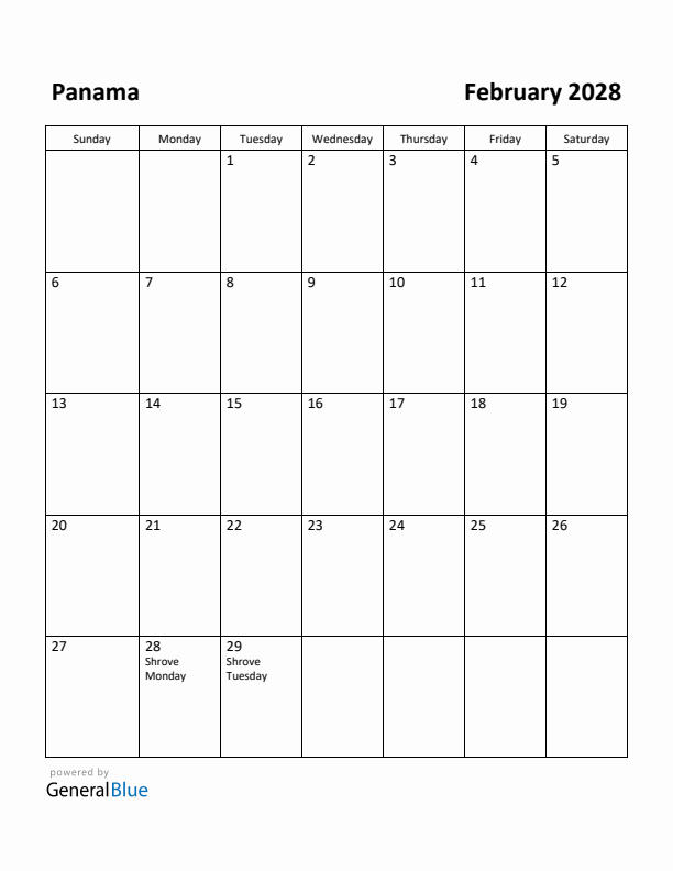 February 2028 Calendar with Panama Holidays
