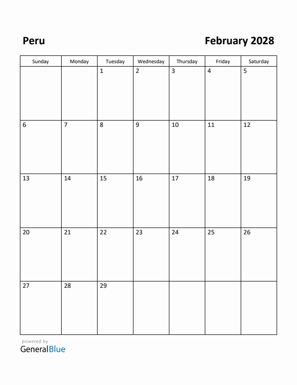 February 2028 Calendar with Peru Holidays