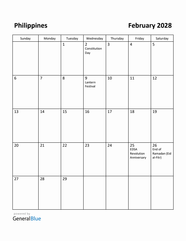 February 2028 Calendar with Philippines Holidays