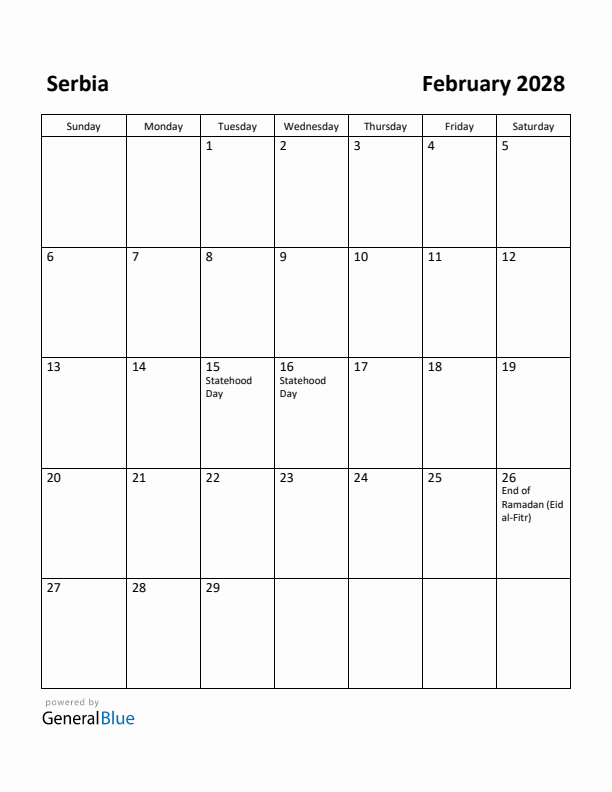 February 2028 Calendar with Serbia Holidays