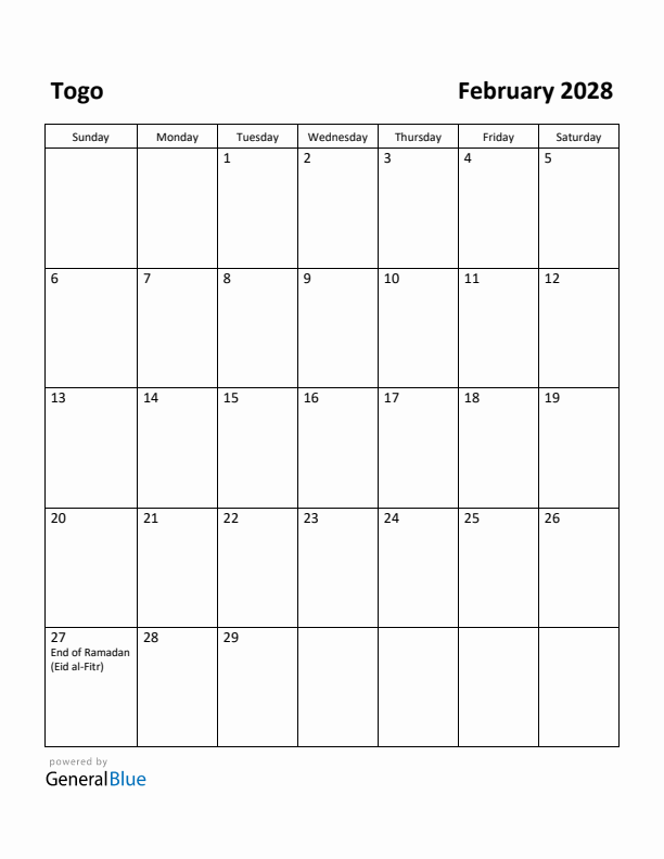 February 2028 Calendar with Togo Holidays