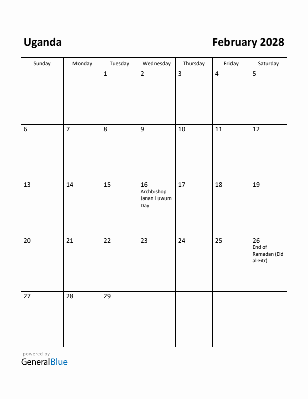 February 2028 Calendar with Uganda Holidays