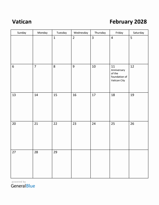 February 2028 Calendar with Vatican Holidays