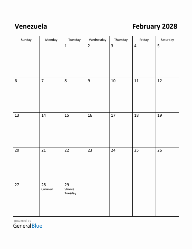 February 2028 Calendar with Venezuela Holidays