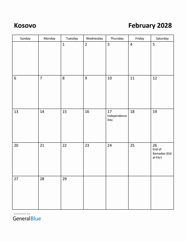 February 2028 Calendar with Kosovo Holidays