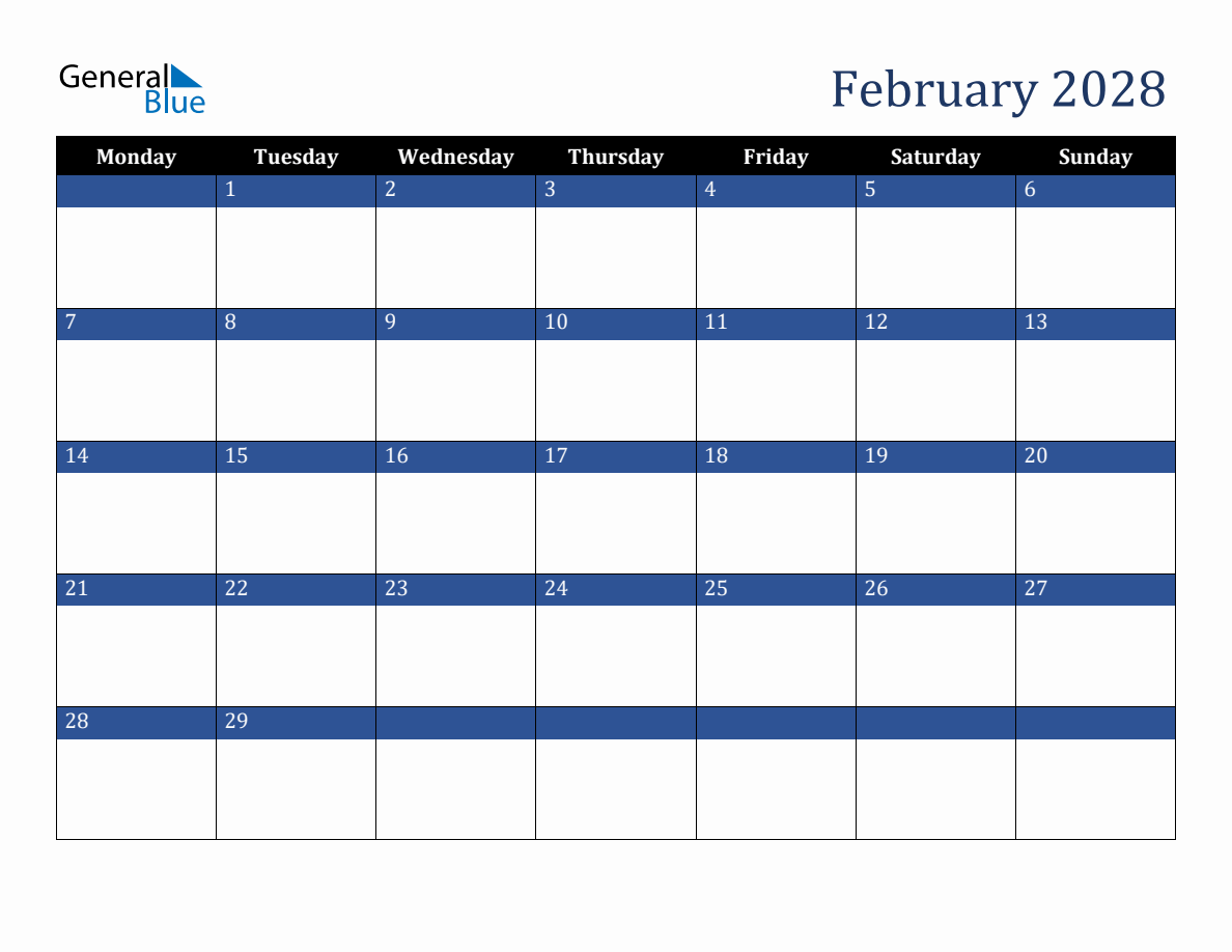 February 2028 Downloadable Monday Start Calendar