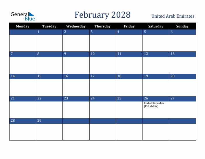 February 2028 United Arab Emirates Calendar (Monday Start)
