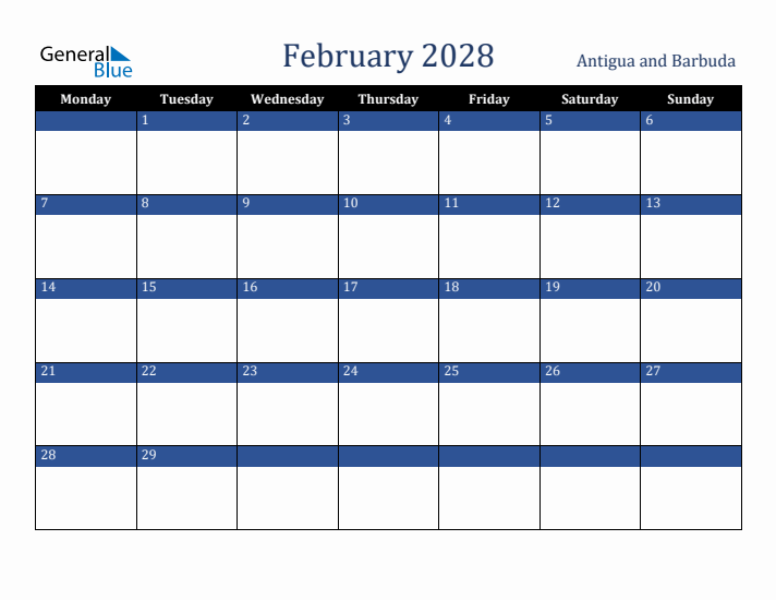 February 2028 Antigua and Barbuda Calendar (Monday Start)