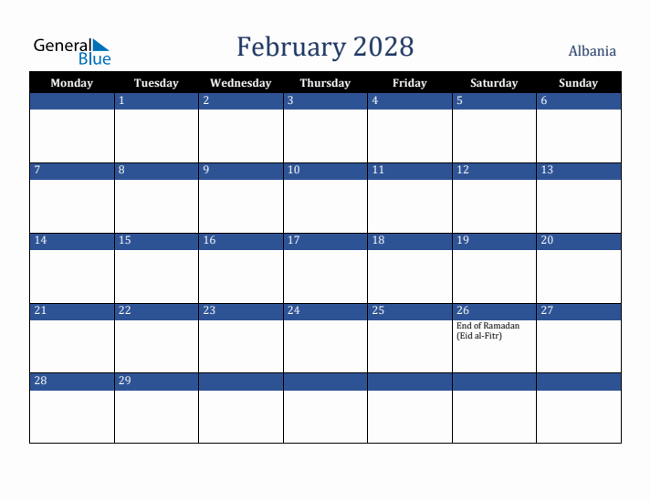 February 2028 Albania Calendar (Monday Start)