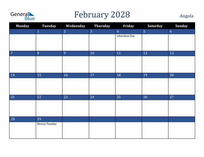 February 2028 Angola Calendar (Monday Start)
